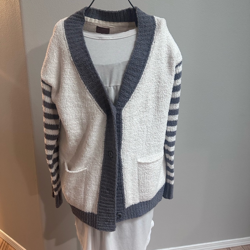 Cozy Gray and Cream Striped Women's Sweater